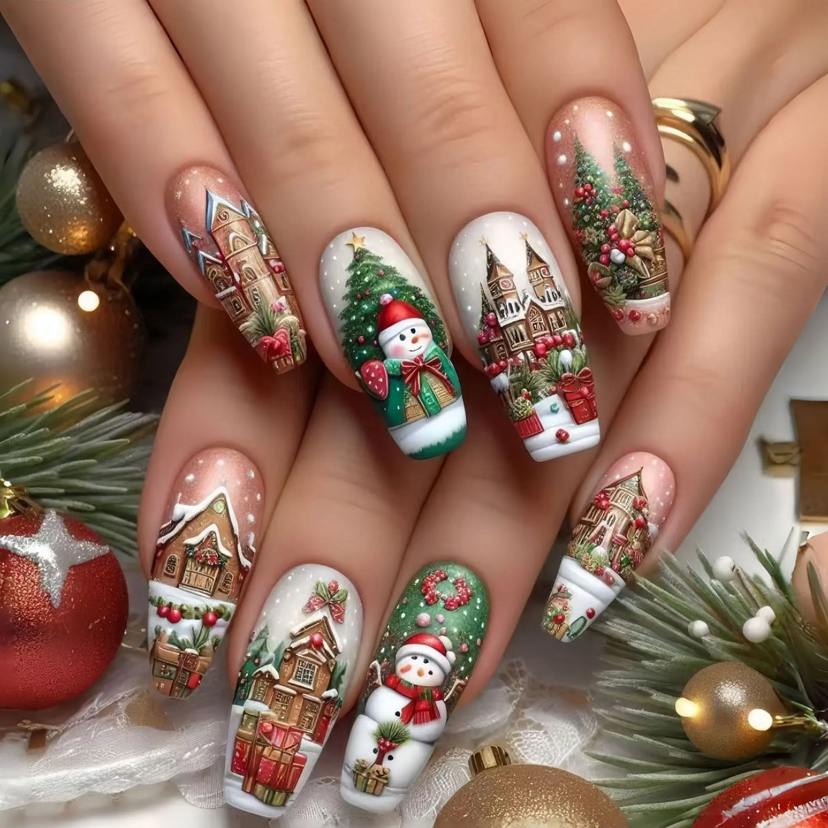 Short Medium fake nails for Christmas party Santa claus deers snowman snowflakes almond Square tips press on false nail art set