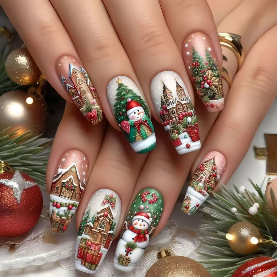 Christmas Santa, Reindeer & Snowman Press-On Nails – Almond Square, Short/Medium