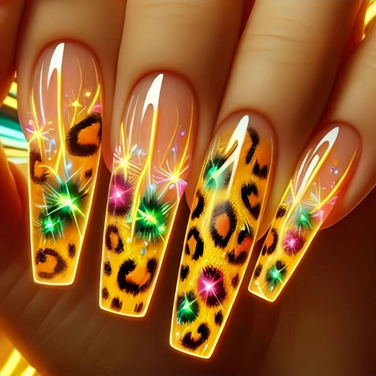 Long fake nails for women girls Y2K color gradient yellow red blue heart leopard print ballet tips full cover acrylic false nail