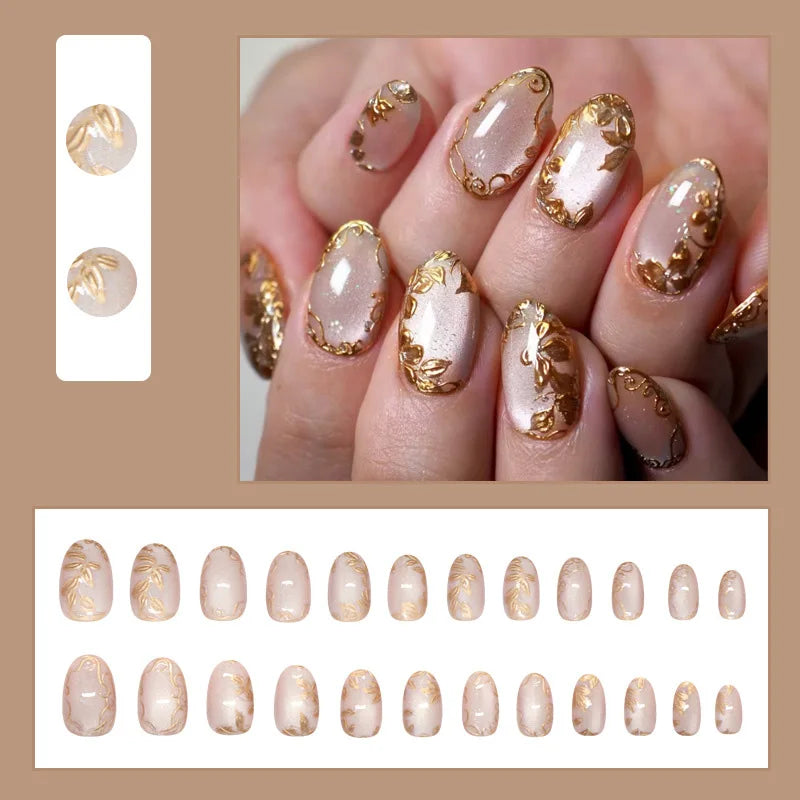 Short fake nails for women 3D golden gilding flowers nude blue cat eyes glossy Oval nail tips full cover press on false nail art