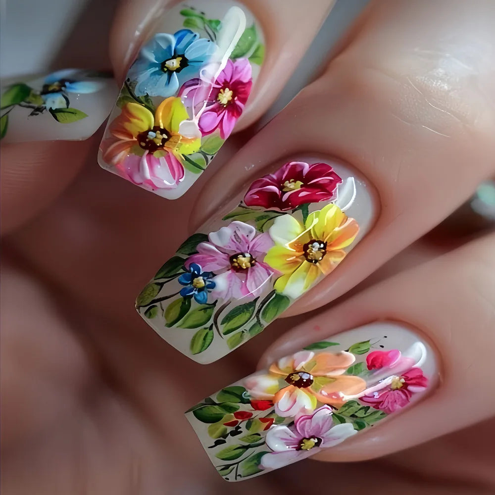 24pcs/sest Short Medium fake nails for women girls colorful flowers Mushroom beach for Summer Autumn Press on false nail tips