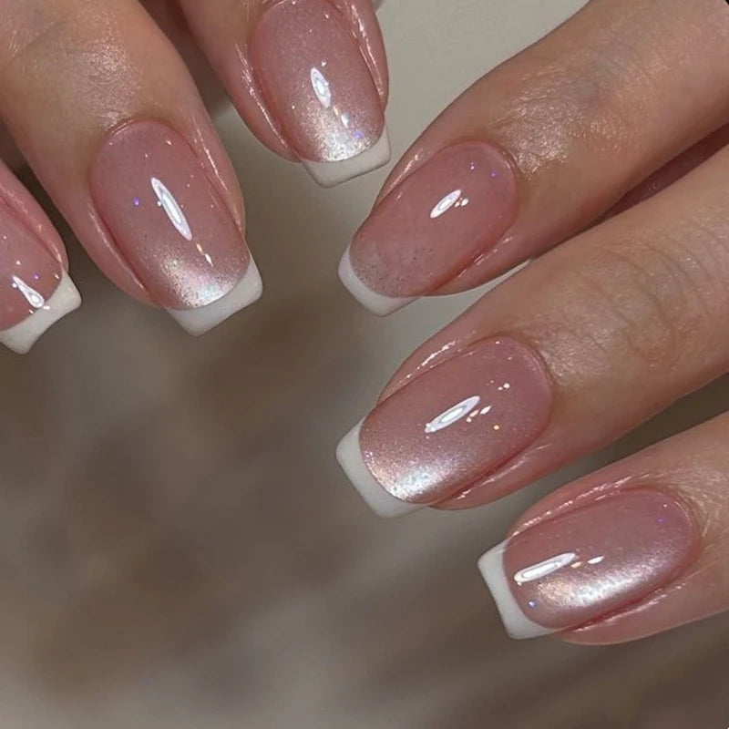 Short Medium fake nails for women glossy sparkling cat eyes french style white edge almond square shape press on false nail set