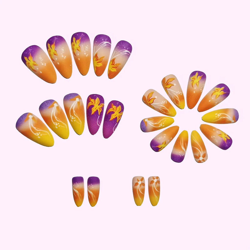 Medium long fake nails Y2K gradient orange purple yellow flowers heart design for spring summer full cover press on false nail