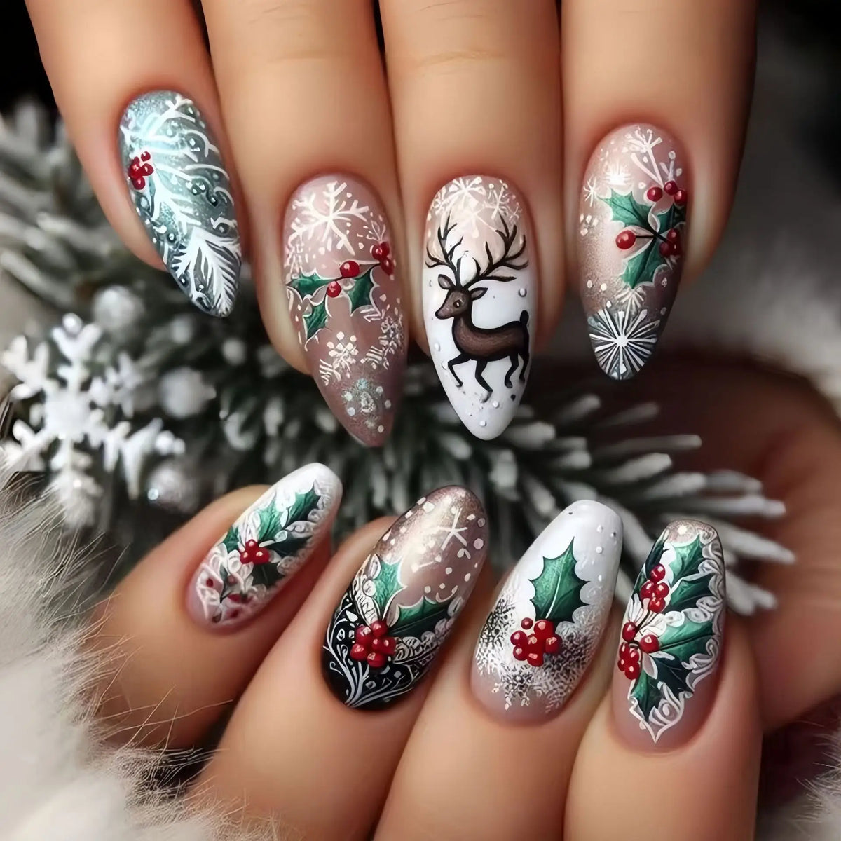 Short Medium fake nails for Christmas party Santa claus deers snowman snowflakes almond Square tips press on false nail art set
