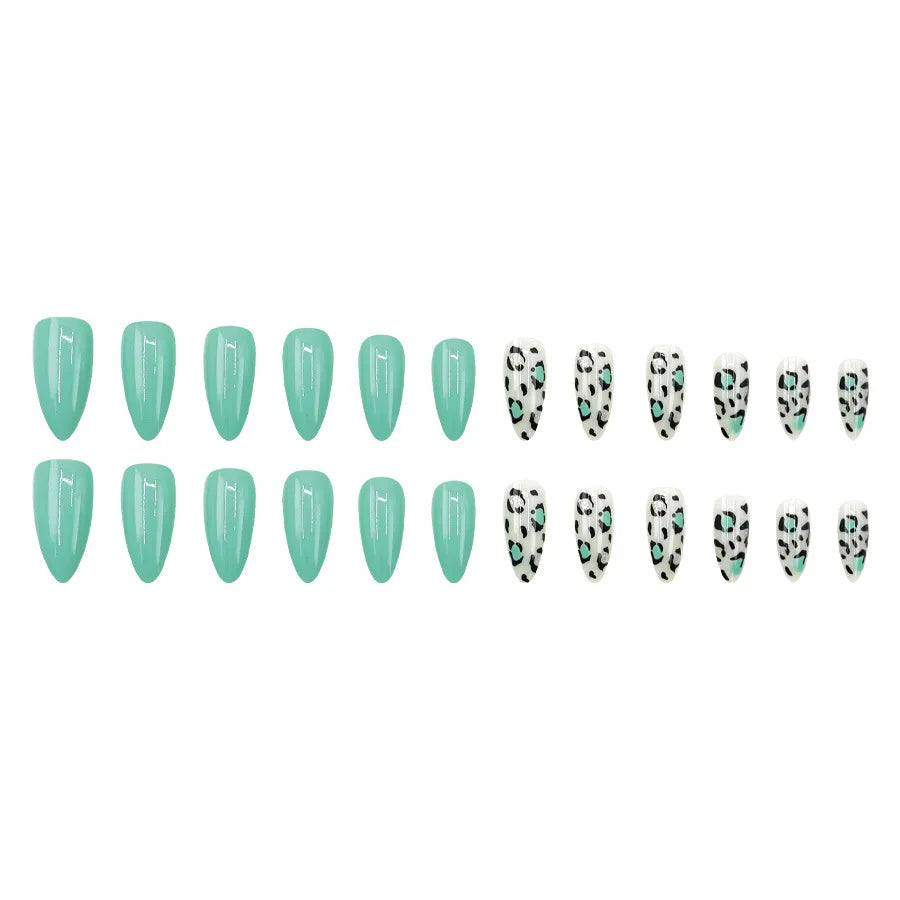 24pcs/set fake nails for women gilrs fresh light green leopard print Glossy almond nail tips full cover reusable press on nail