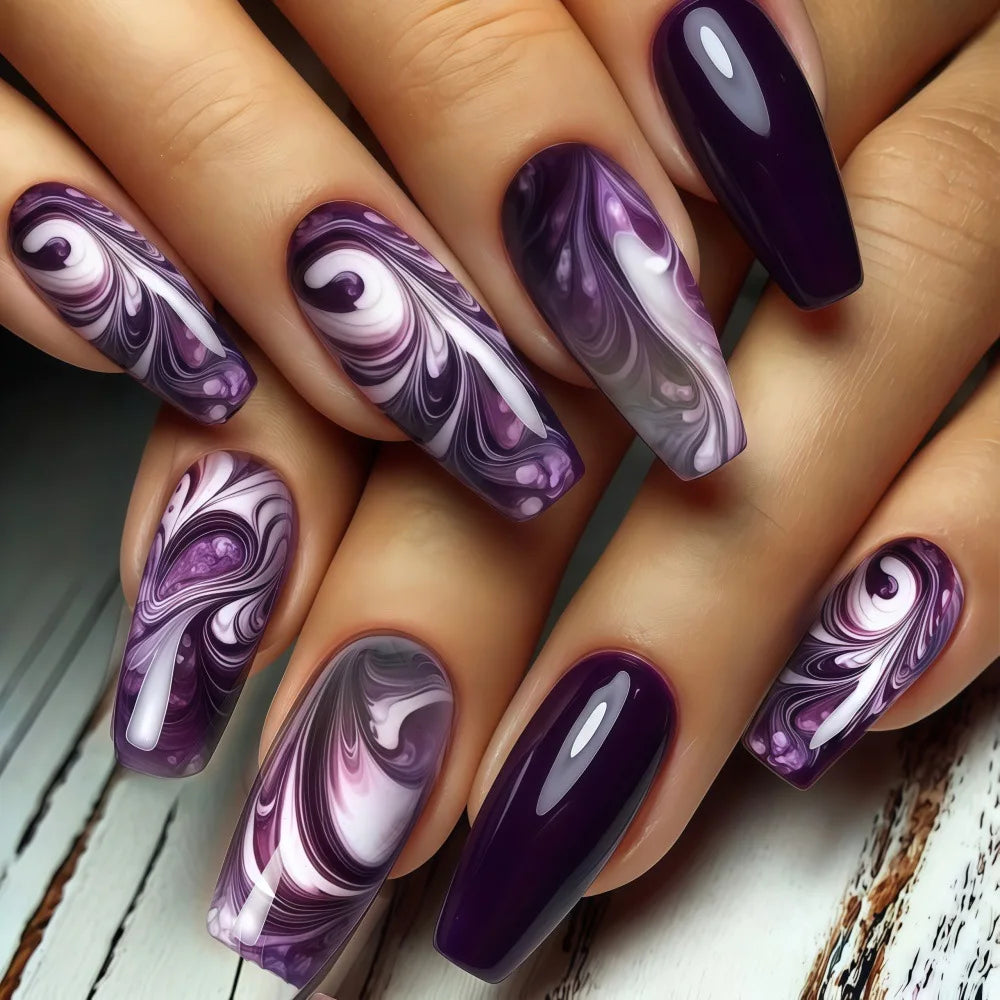 Medium Fake Nails for Women Girls Gradient Purple Colors Flowers Wave Strips Design French Ballet Nail Tips Press On False Nail