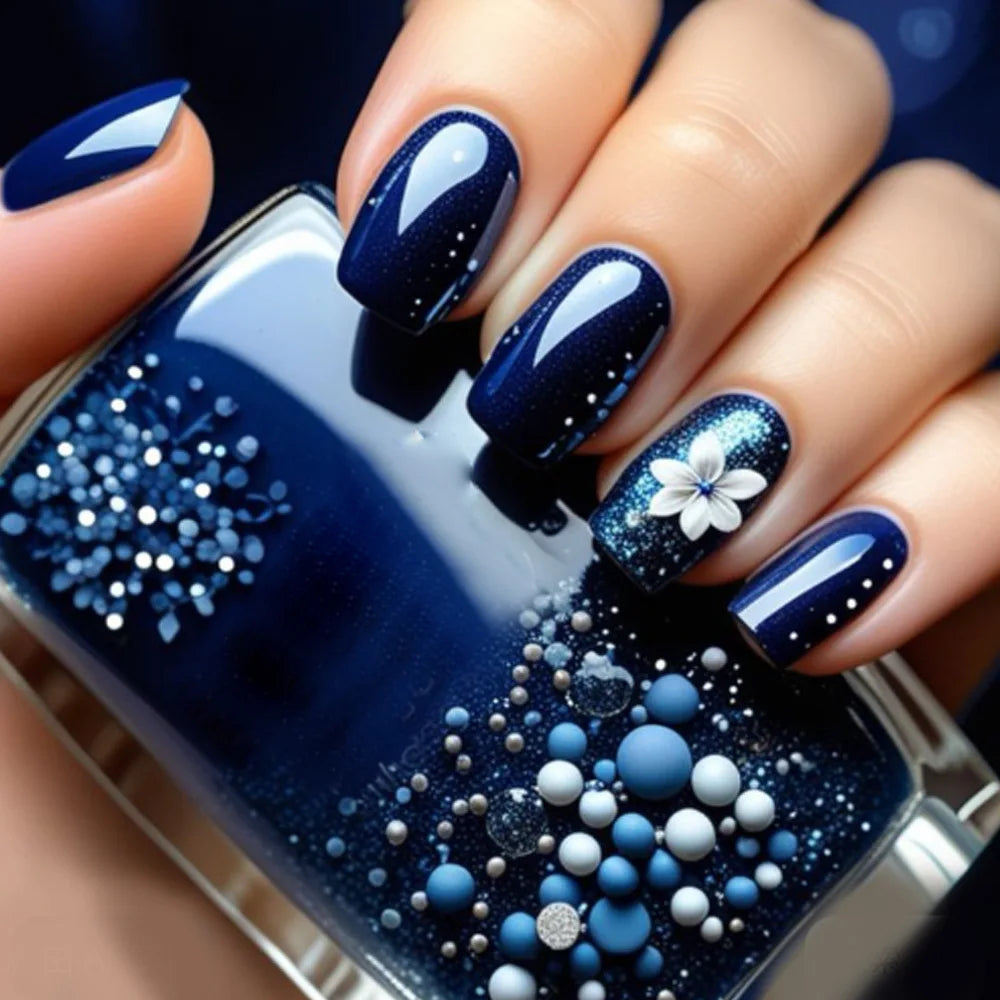 Short Medium Square fake nails for women girls Gradient deep blue with flowers design full cover press on acrylic false nail art