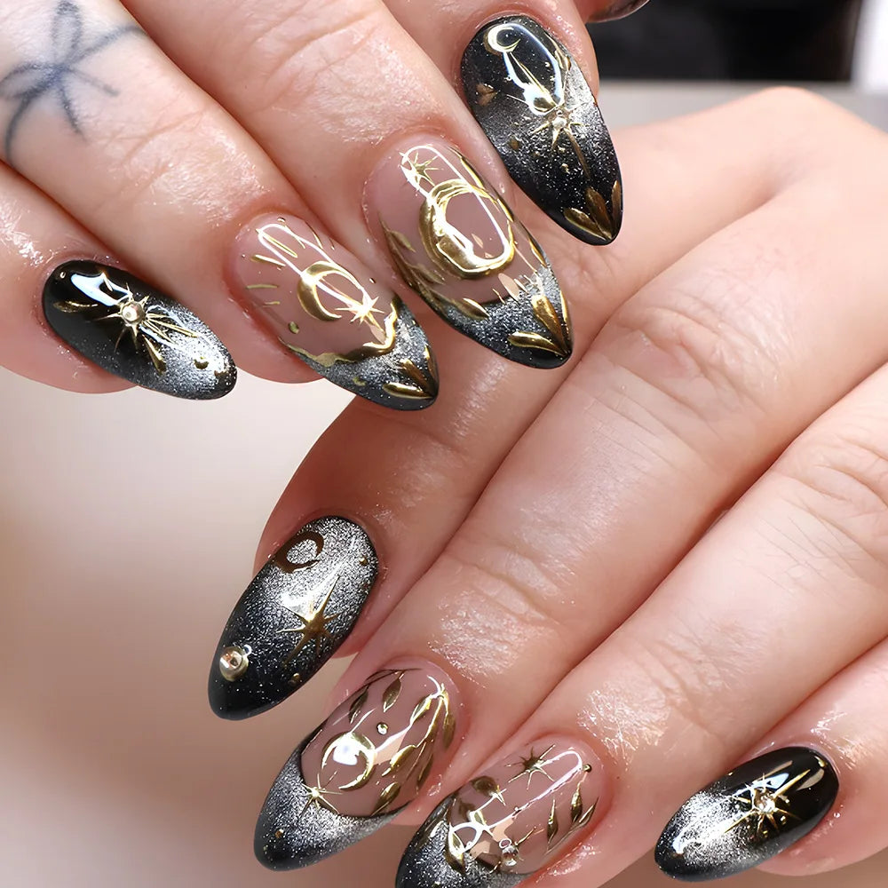 Smudged Blue Gold Star Press-On Nails – Almond, 24 Pcs