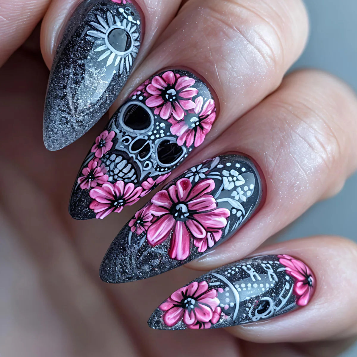 24pcs/set Medium fake nails for women girls bat skull flowers pumpkin for Halloween Almond square tips press on false nail art