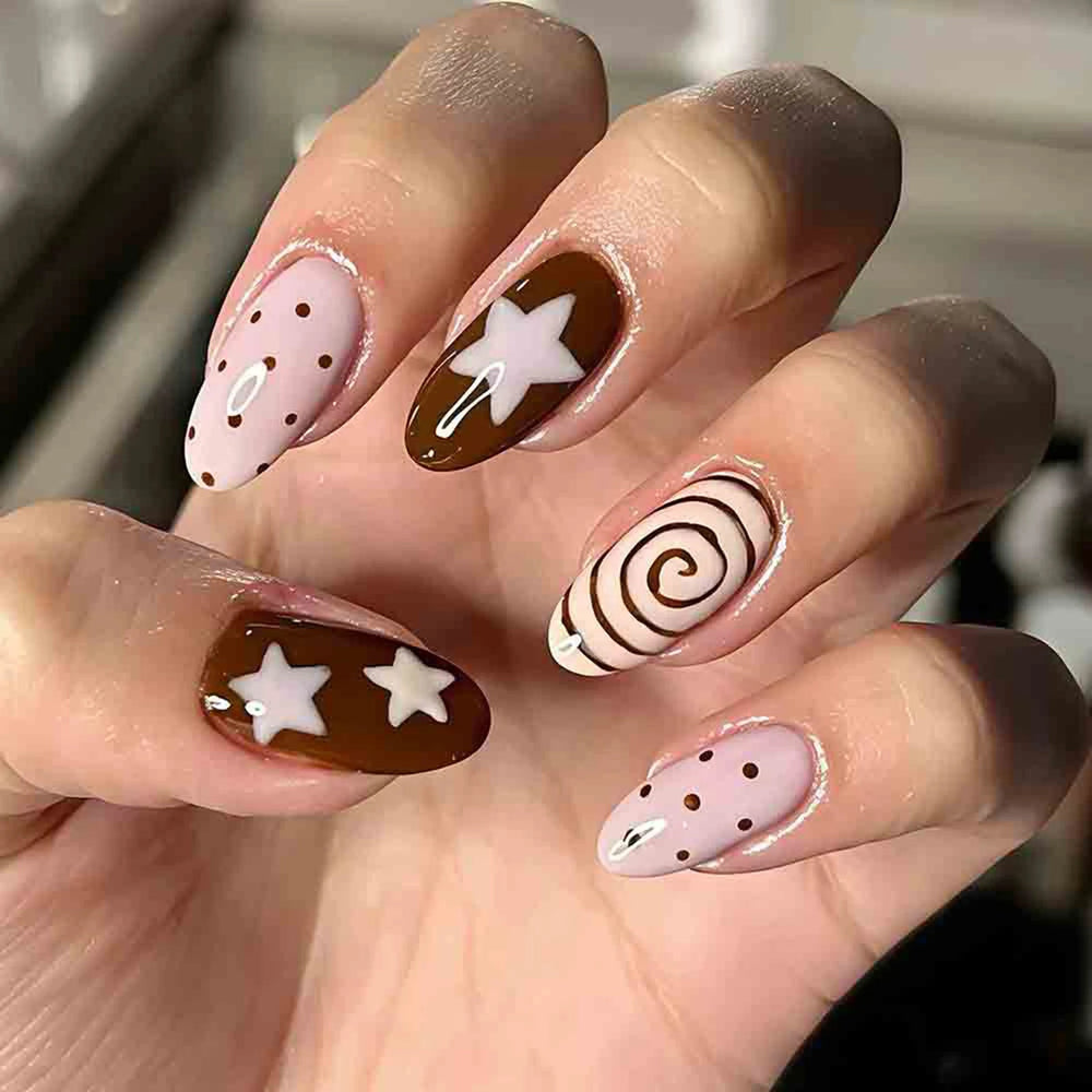 Pink Brown Spiral & Star Polka Dot Press-On Nails – Almond, 24 Pcs
