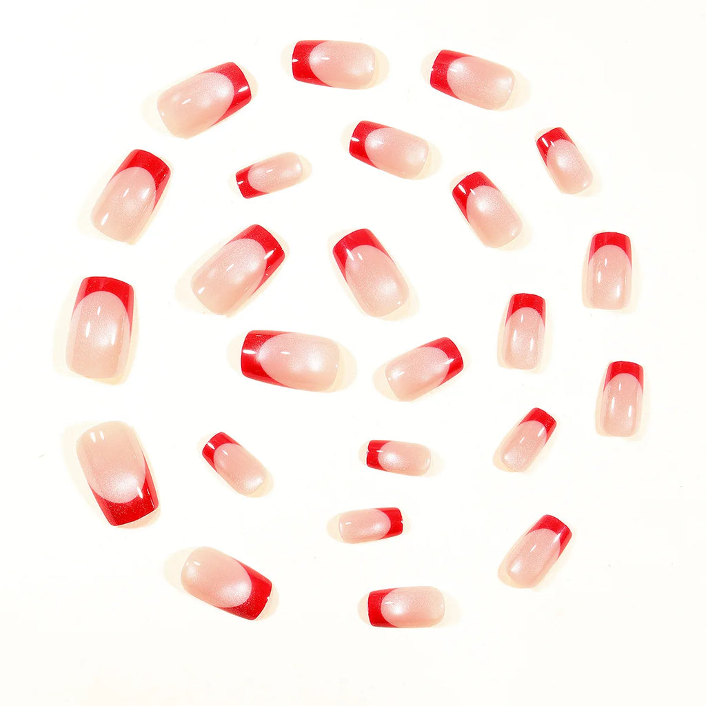 Medium fake nails for women Nude red square nail tips french style glossy cat eyes full cover press on false nail art set