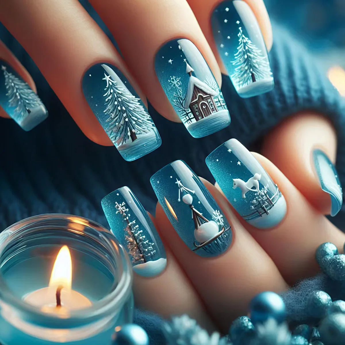 Medium Square almond fake nails for Christmas party Winter forest snowflakes Santa Claus Santa Claus design press on false nail