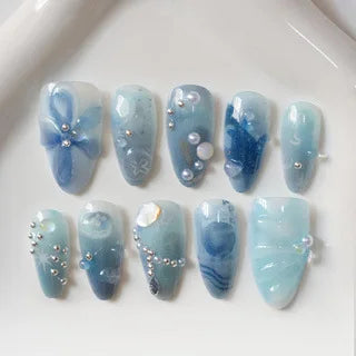 Blue Ombre Seashell & Pearl Handmade Press-On Nails – Almond, 10 Pcs