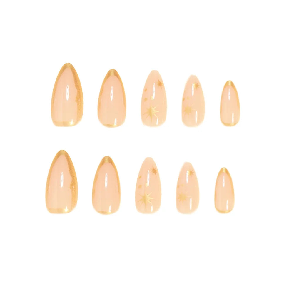 24pcs/set Nude Fake Nails with Golden Frame Star Print Full Cover Almond Shape Nail Tips Reusable Press on Artificial Nails Art