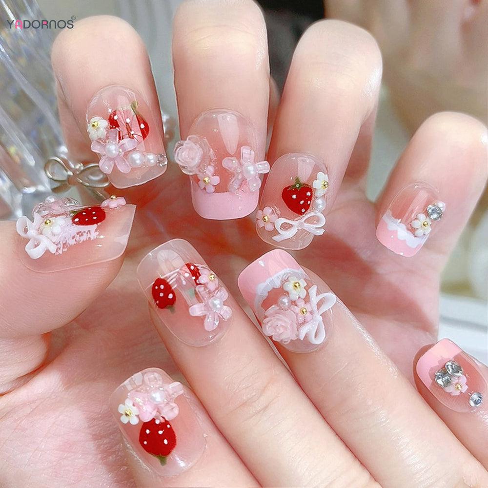 Red Strawberry & Bow French Press-On Nails – Short Square, 24 Pcs