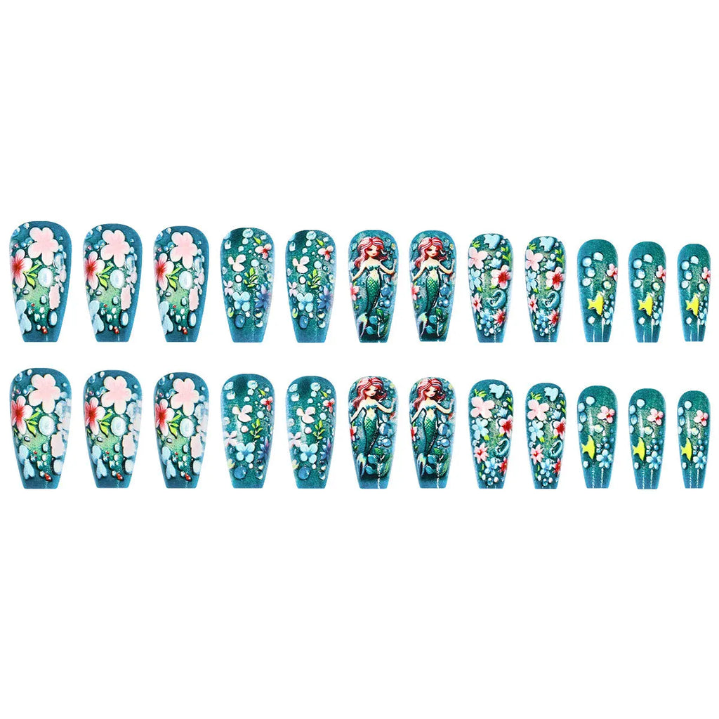 Medium long fake nails for women gradient purple or green colors flowers mermaid or butterfly design full cover press on nails