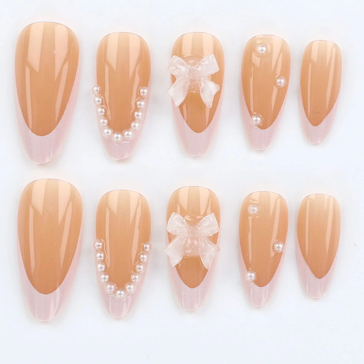 3D fake nails for women gilrs French minimalist bow pearl blue flowers design Nude white almond nail tips press on false nail