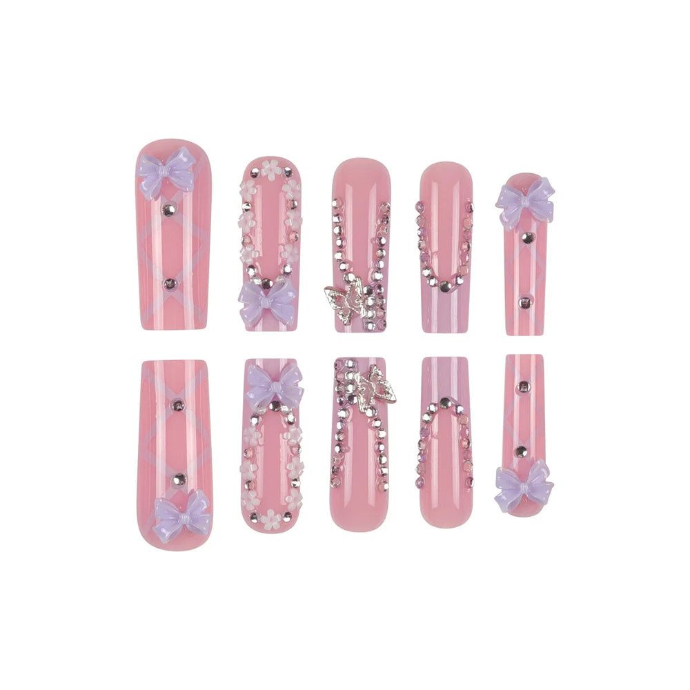 Purple French Bow & Butterfly Rhinestone Press-On Nails – Long Coffin, 24 Pcs