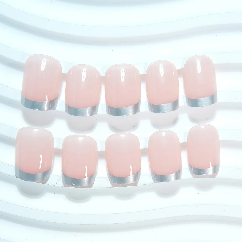 24pcs/set nude square fake nails for women girls french silver red golden frame edge full cover nail tips press on acrylic nail