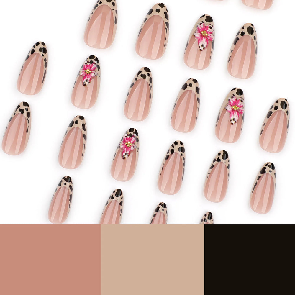 Leopard & Floral French Tip Press-On Nails – Almond, 24 Pcs