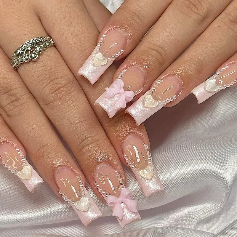 Star & Spiral Stripe French Bow Press-On Nails – Medium Square, 24 Pcs