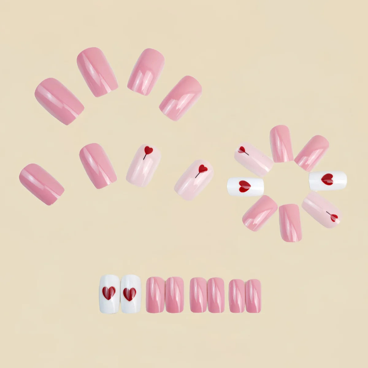 Short Medium fake nails for women girls pink red rose cute heart design for Valentine's Day Square nail tips press on false nail