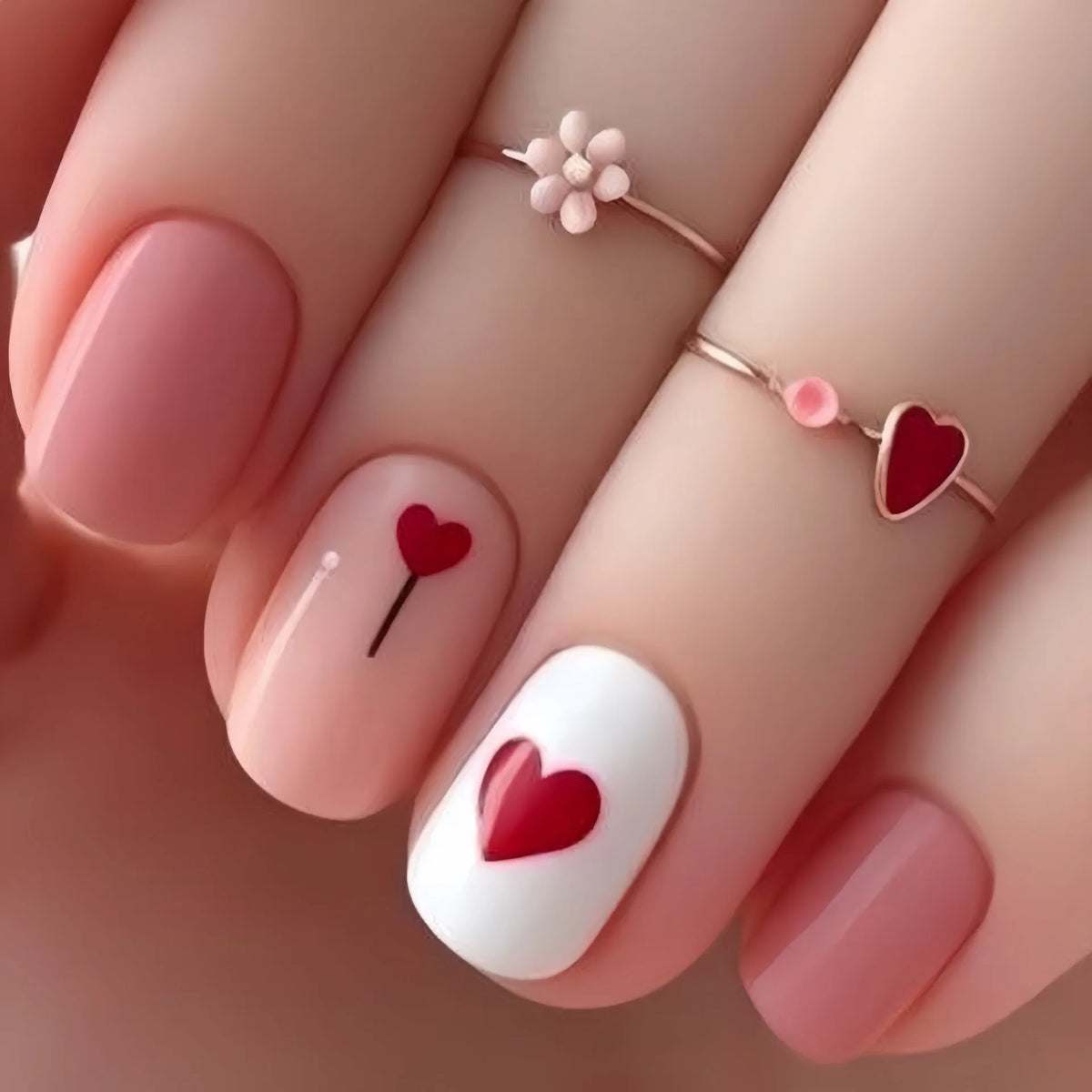 Short Medium fake nails for women girls pink red rose cute heart design for Valentine's Day Square nail tips press on false nail
