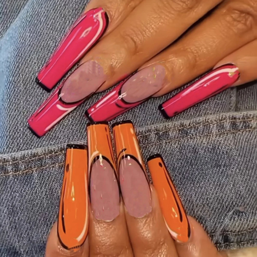 Y2K Leopard Gradient French Press-On Nails – Orange Pink Blue Brown, Medium Long