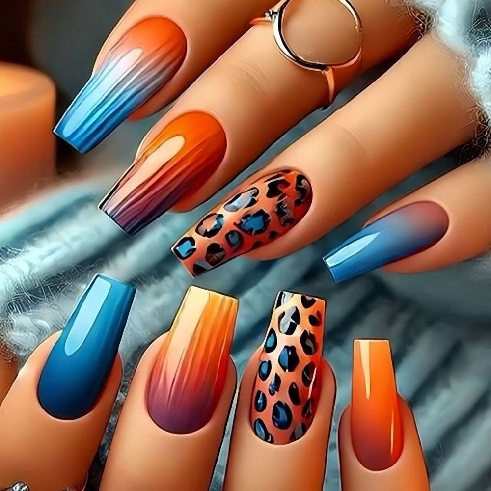 Y2K Leopard Gradient French Press-On Nails – Orange Pink Blue Brown, Medium Long
