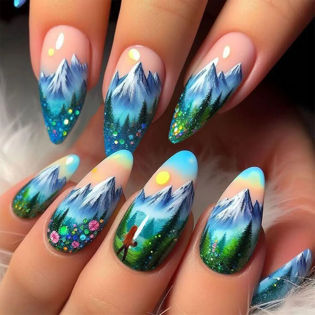 24pcs/set Medium Long Fake Nails for Summer Autumn Winter Gradient Purple Blue Starry Sky Sunset Flower Y2K Press On False Nails