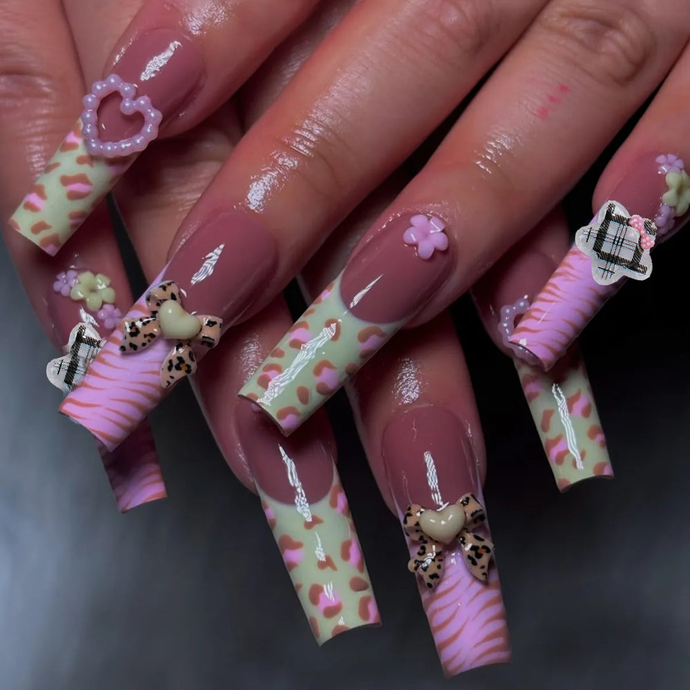 Pink & Black Stripe Polka Dot 3D Star Bow Press-On Nails – Long Square, 24 Pcs