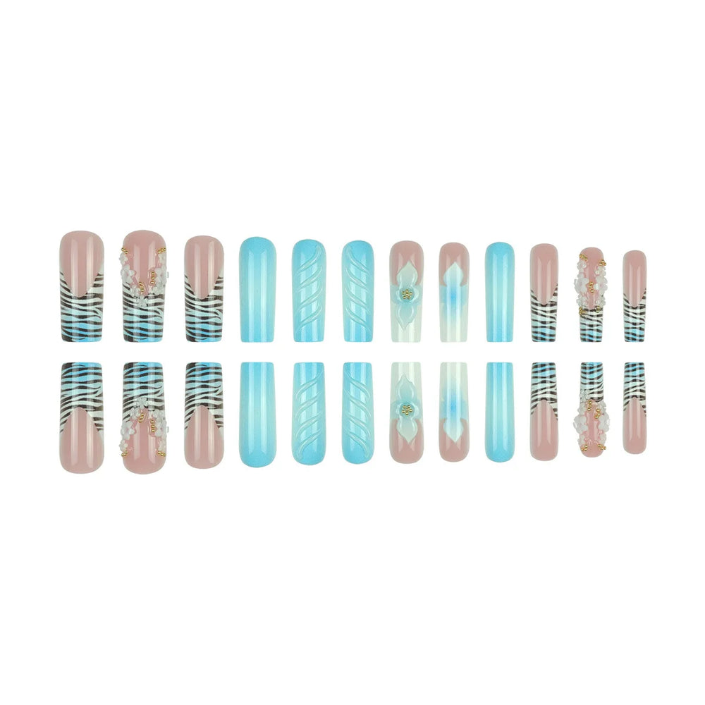 Blue Green Gradient 3D Embossed Flower Press-On Nails – Medium Long Square, 24 Pcs