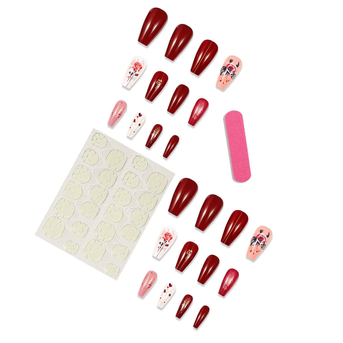 Medium long fake nails for Valentine's Day Pink red golden rose flowers heart angel ballet nail tips press on false nail set