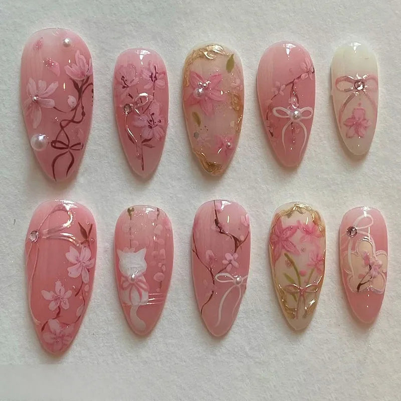 24pcs/set 3D fake nails for women girls embossed flowers pearl rhinestones design Medium almond tips press on false nail art