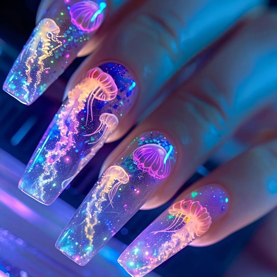 Ocean Jellyfish & Turtle Cute Animal Press-On Nails – Medium Long, 24 Pcs