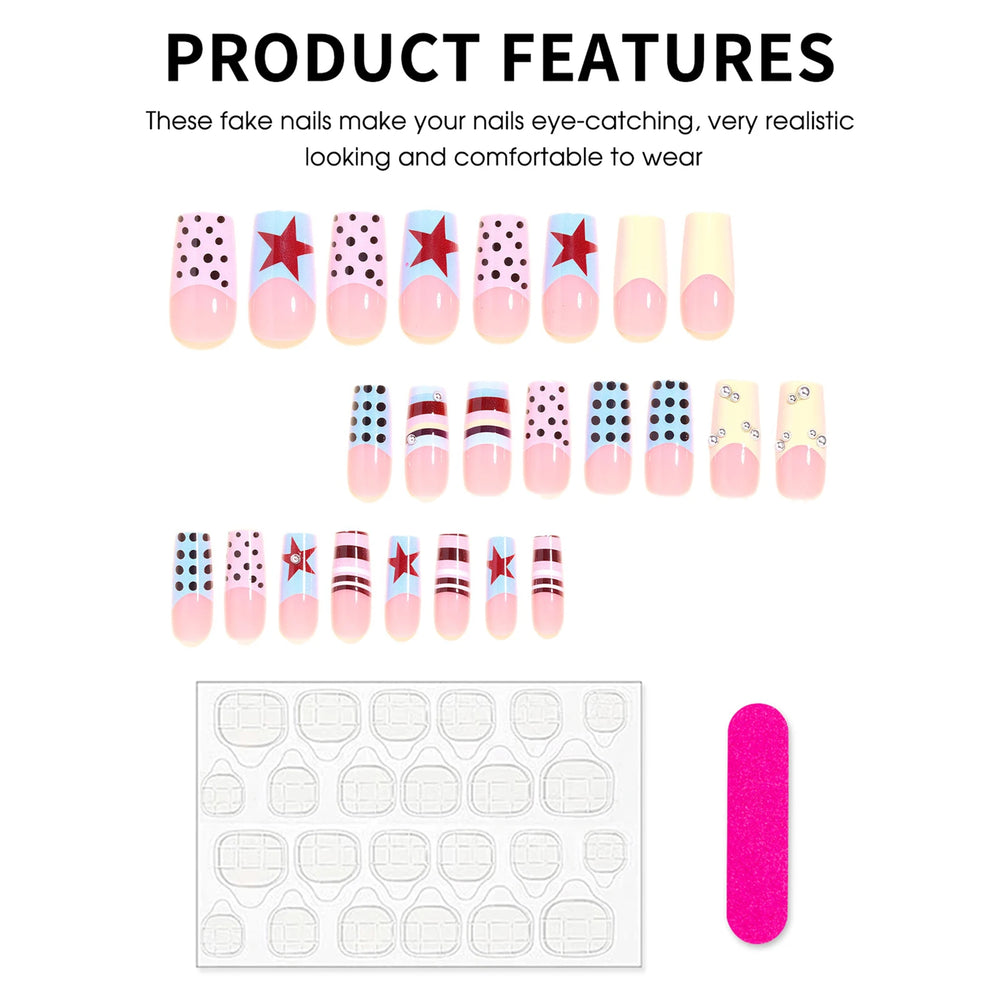 Pastel Polka Dot Bow French Press-On Nails – Medium Coffin, 24 Pcs