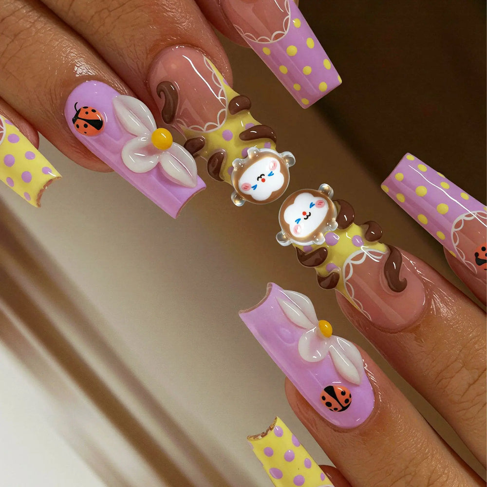 Pink & Yellow 3D Bow Monkey Banana Press-On Nails – Long Coffin, 24 Pcs