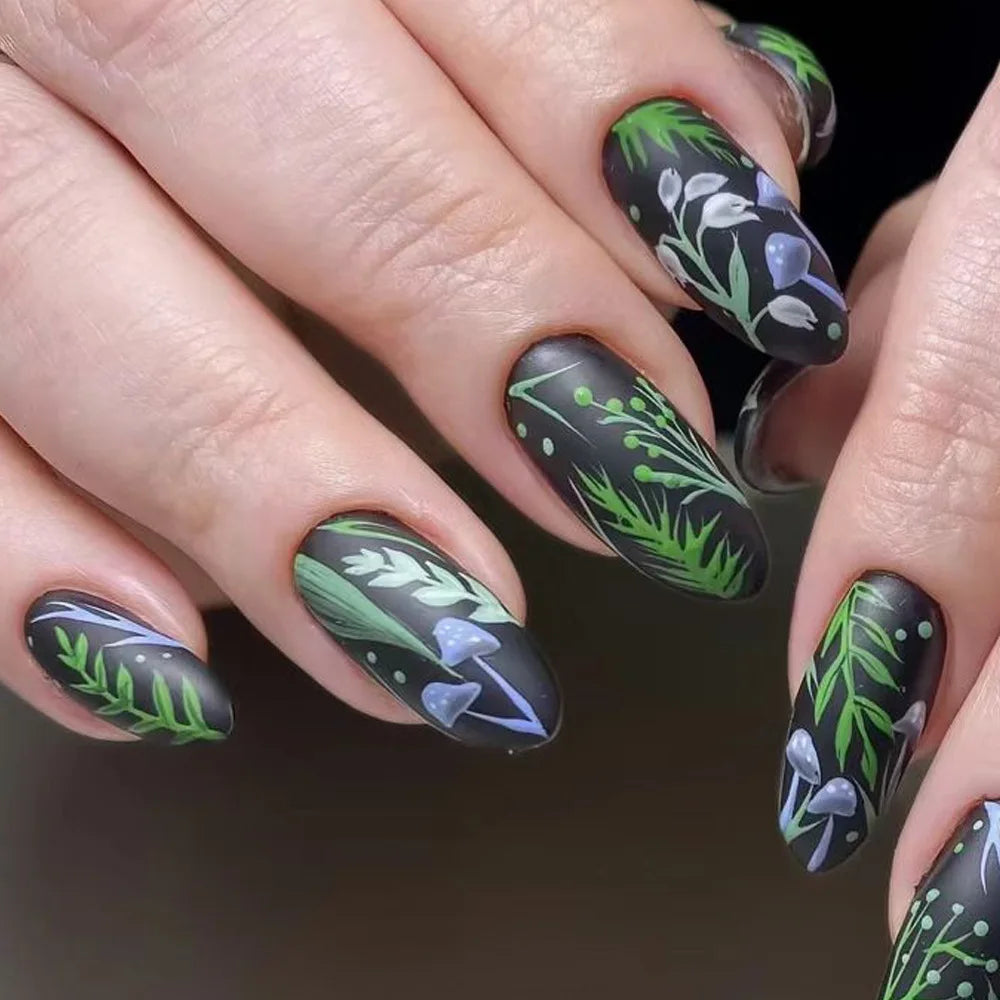 24pcs/set Medium long fake nails for Spring summer season Flowers leaf gradient color Square almond tips press on false nail art