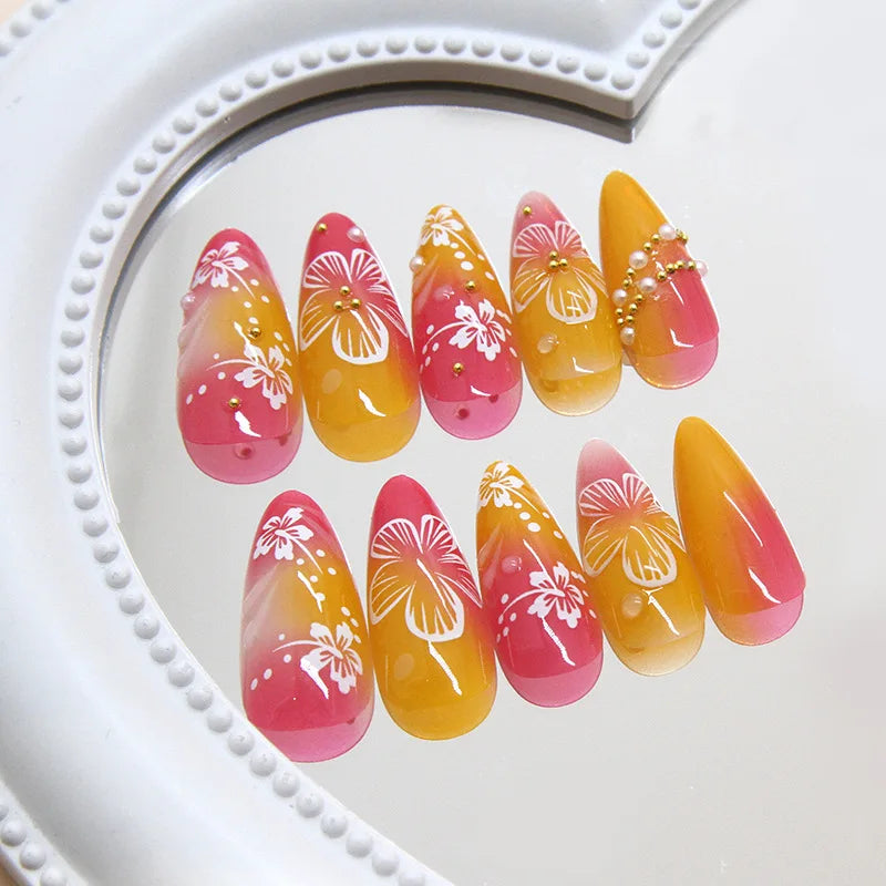 Gold Pink 3D Flower & Pearl Press-On Nails – Almond, 24 Pcs
