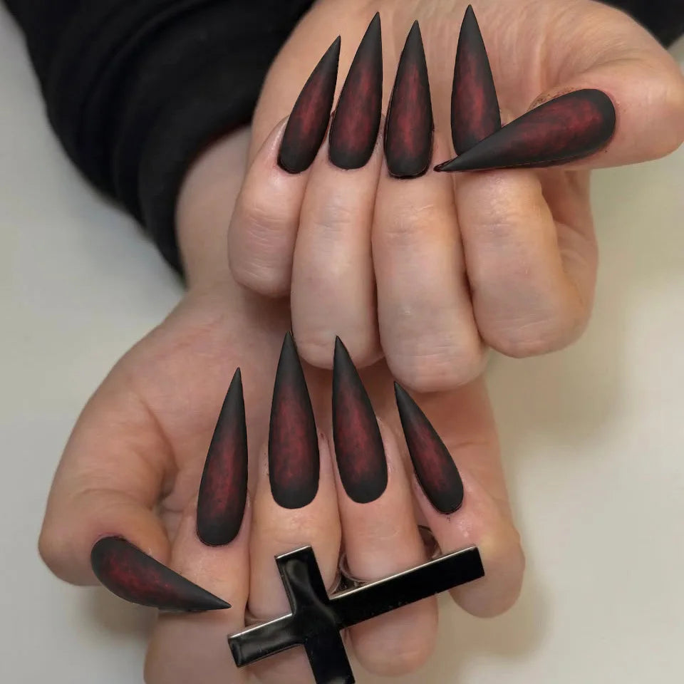 Black Matte Blood-Red Ombre Press-On Nails – Long Stiletto, 24 Pcs