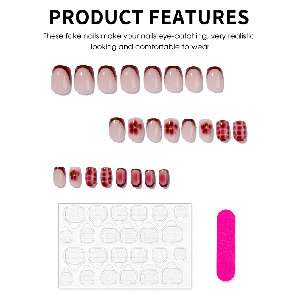 Wine Red Smudged Flower Gold Bead Press-On Nails – Short Square, 24 Pcs