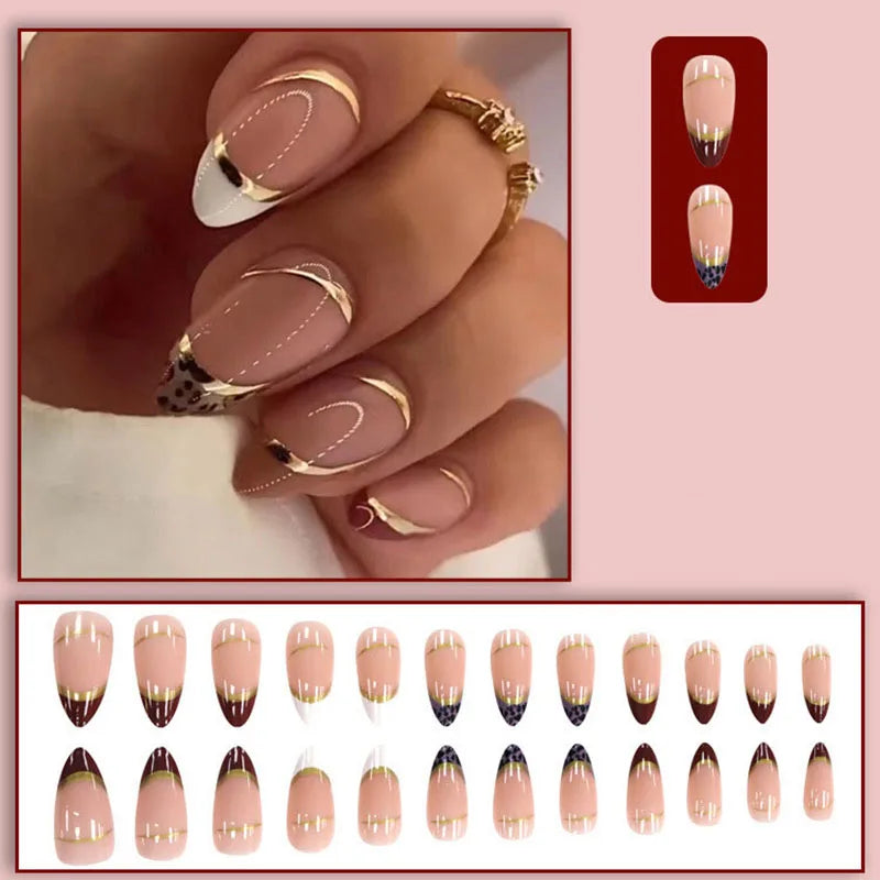 Medium fake nails for women girls nude almond nail tips with green brown leopard print french style golden strips press on nails