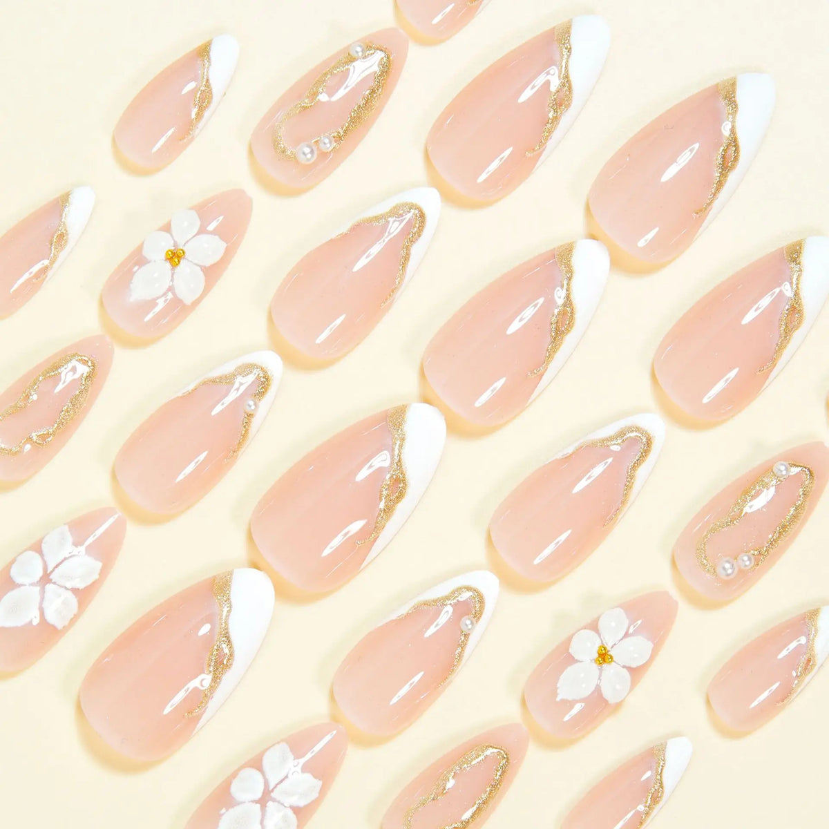 Medium fake nails for women Nude white french almond nail tips with flower pearls golden frame full cover press on false nail