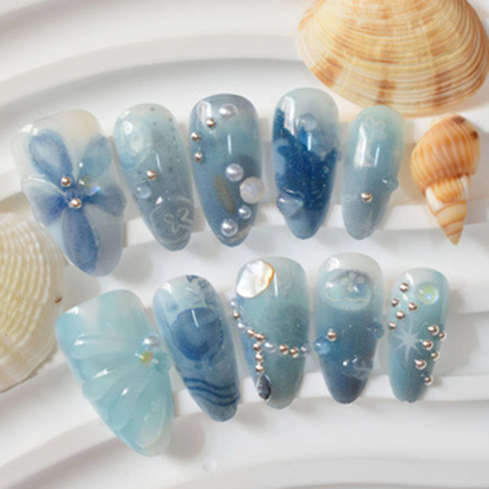 Blue Ombre Seashell & Pearl Handmade Press-On Nails – Almond, 10 Pcs