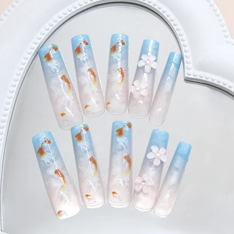 3D Blue Gradient Flower Press-On Nails – Medium Long Square
