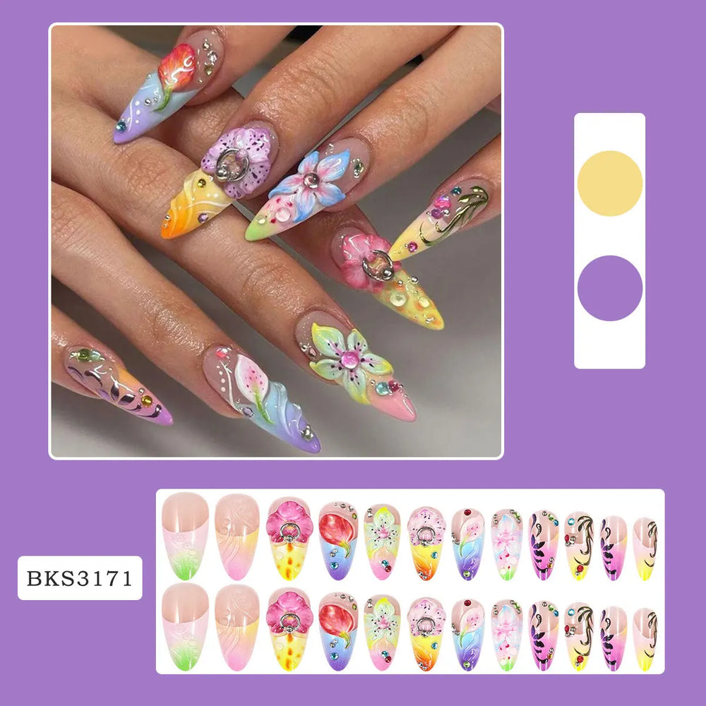 Hawaiian Tropical Flower Press-On Nails – Long Stiletto, 24 Pcs