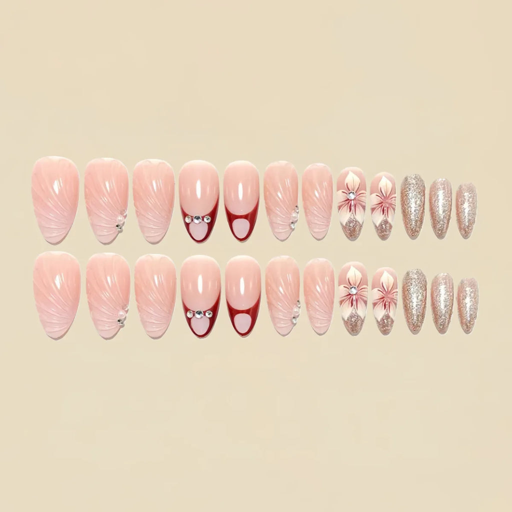 3D fake nails for women girls gradient grey nude brown shimmer almond nail tips flowers rhinestones design press on false nail