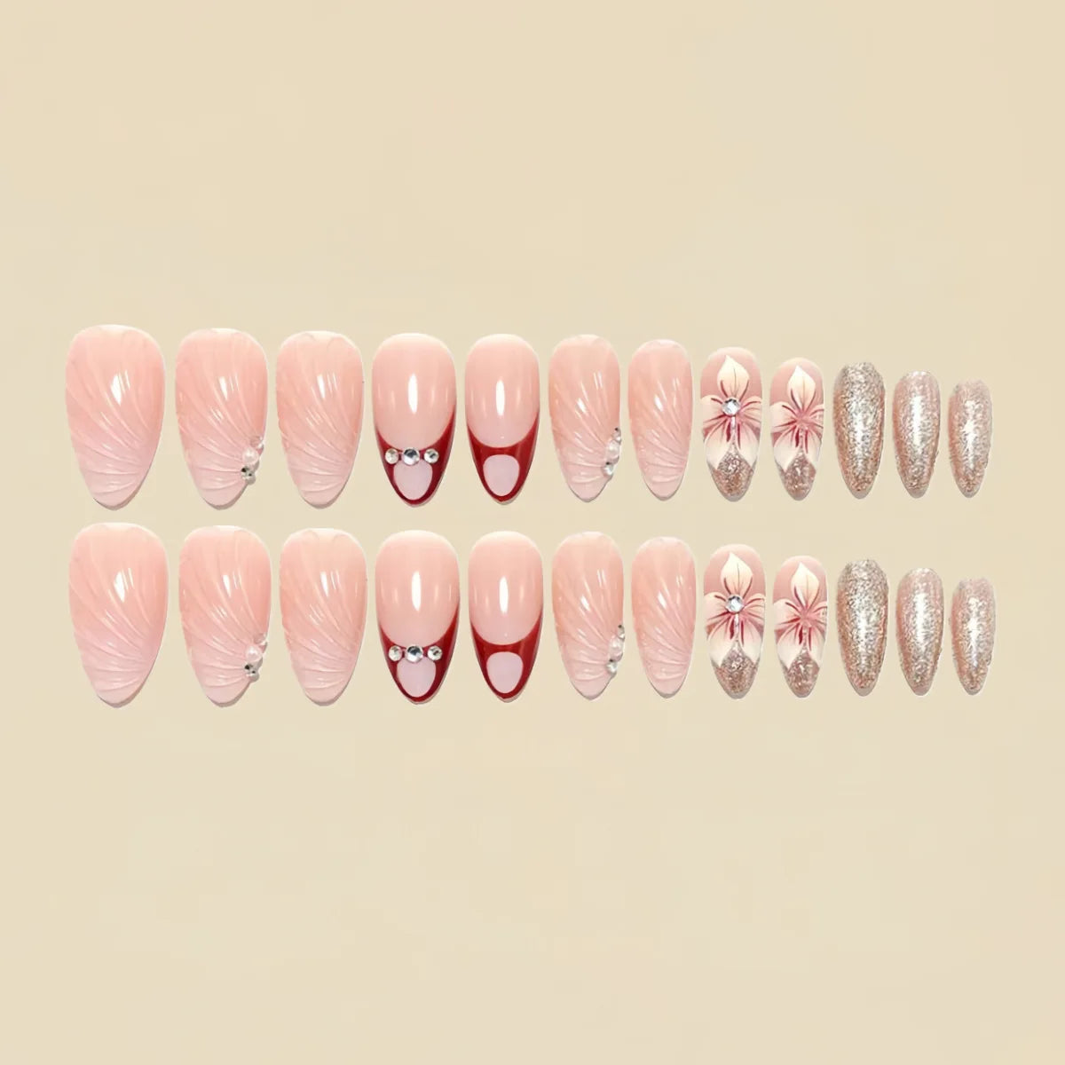 3D fake nails for women girls gradient grey nude brown shimmer almond nail tips flowers rhinestones design press on false nail
