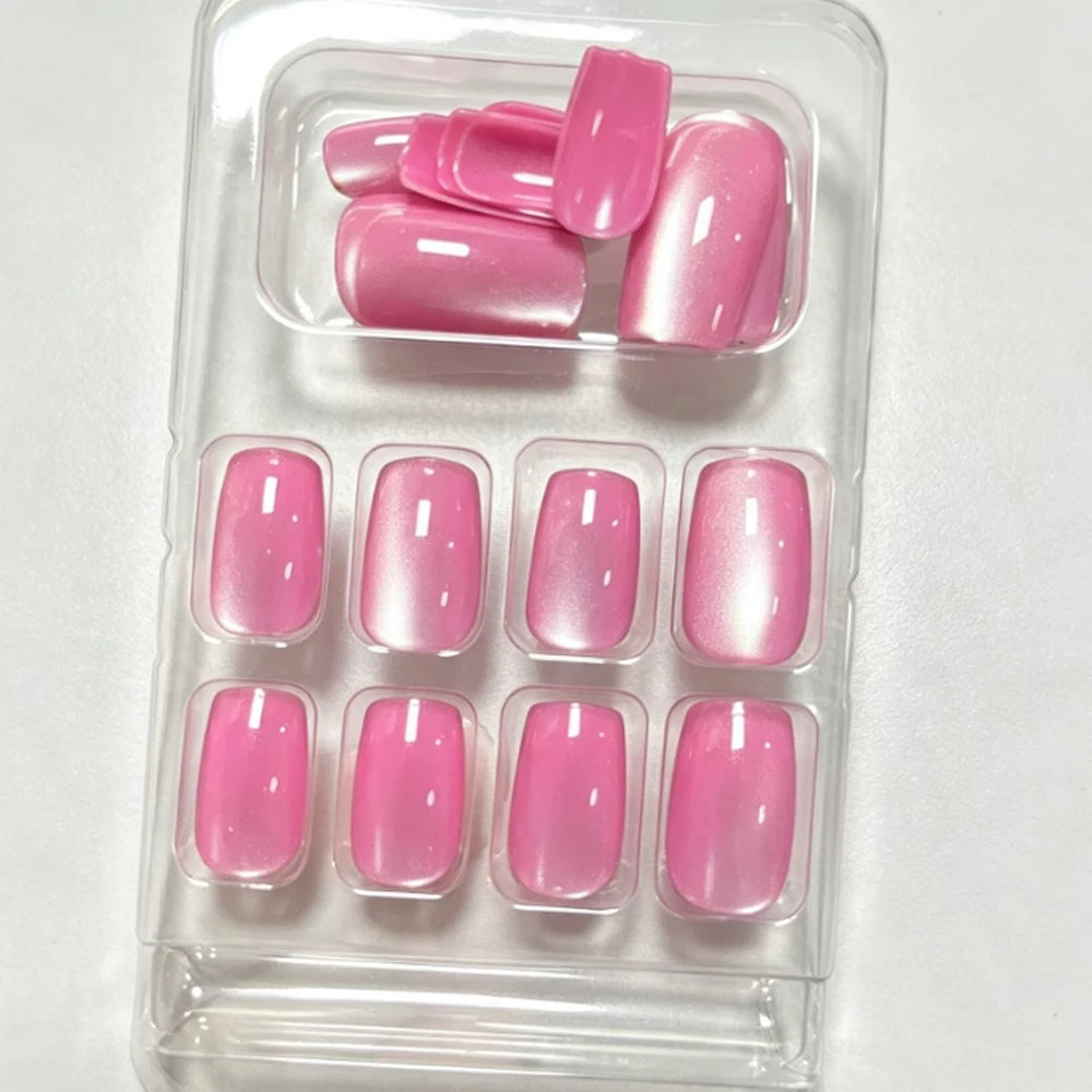 24pcs/set Medium fake nails for women Pink shimmer cat eyes glossy square nail tips full cover reusable press on false nail art