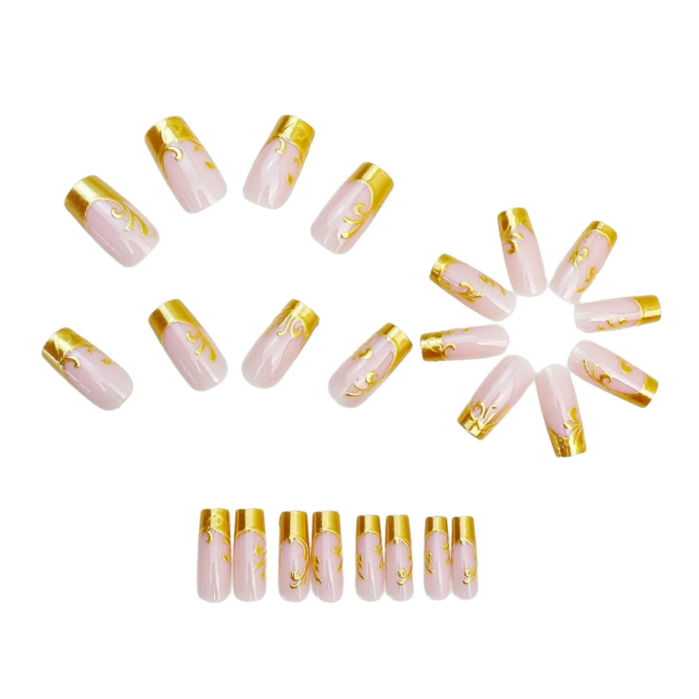 Nude Gold 3D Gilded Floral Press-On Nails – Medium Square